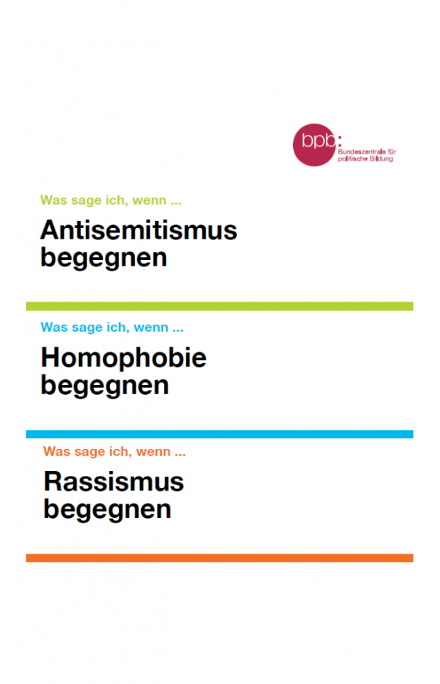 Drei Flyer als Hilfestellung zum Umgang mit Antisemitismus, Homophobie und Rassismus